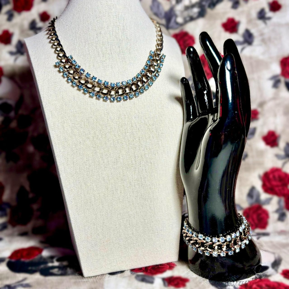 Vintage 1950's silver-toned bracelet and choker set with light blue rhinestones